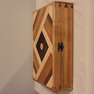 Wood Jewelry Trinket Box Handmade Geometric Inlay Fabric Lined Interior